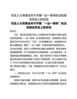 在区人大常委会关于开展一法一条例执法检查动员会上的讲话