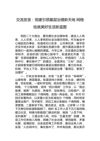 交流发言：党建引领基层治理新天地网格绘就美好生活新蓝图