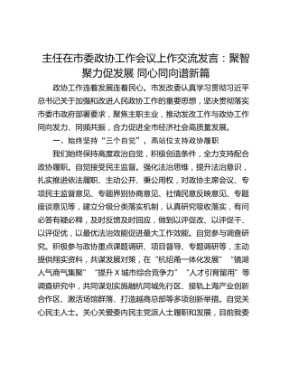 主任在市委政协工作会议上作交流发言：聚智聚力促发展 同心同向谱新篇