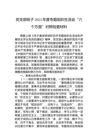 党支部班子2023年度组织生活会“六个方面”对照检查材料