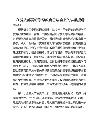 在党支部党纪学习教育总结会上的讲话提纲
