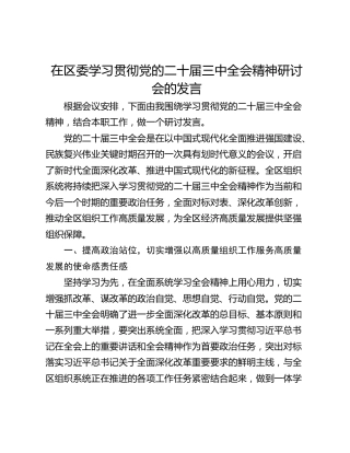 在区委学习贯彻党的二十届三中全会精神研讨会的发言