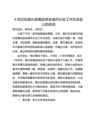 X同志在振兴发展促进会城市分会工作交流会上的讲话