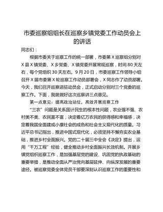 市委巡察组组长在巡察乡镇党委工作动员会上的讲话