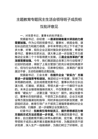 主题教育专题民主生活会领导班子成员相互批评意见