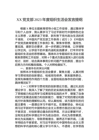 XX党支部2023年度组织生活会发言提纲