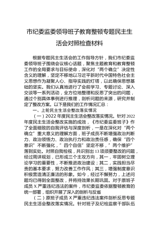 市纪委监委领导班子教育整顿专题民主生活会对照检查材料