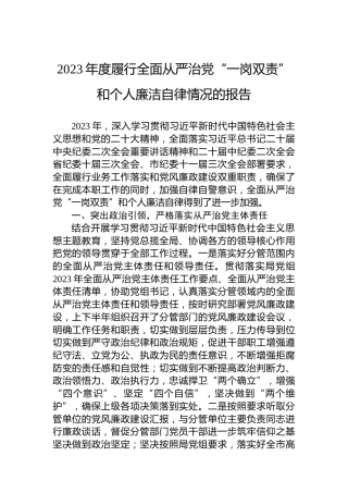 2023年度履行全面从严治党“一岗双责”和个人廉洁自律情况的报告