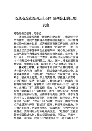 区长在全市经济运行分析研判会上的汇报发言