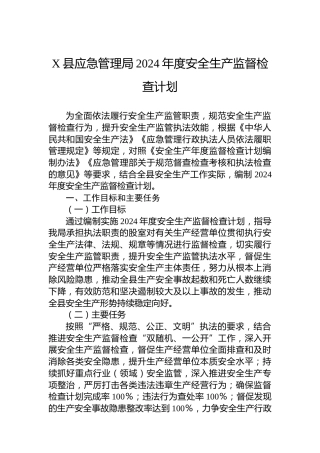 X县应急管理局2024年度安全生产监督检查计划