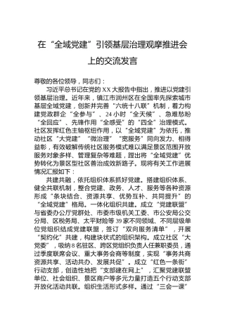 在“全域党建”引领基层治理观摩推进会上的交流发言