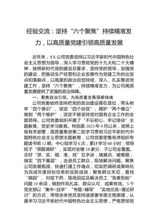 经验交流：坚持“六个聚焦”持续精准发力，以高质量党建引领高质量发展