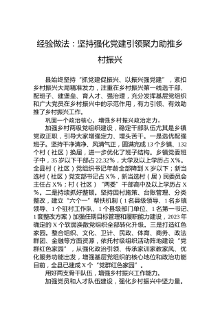 经验做法：坚持强化党建引领聚力助推乡村振兴