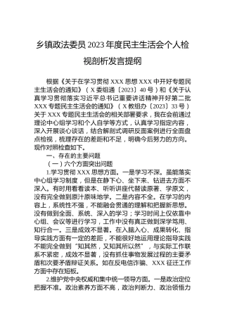 乡镇政法委员2023年度民主生活会个人检视剖析发言提纲