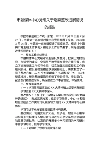 市融媒体中心党组关于巡察整改进展情况的报告