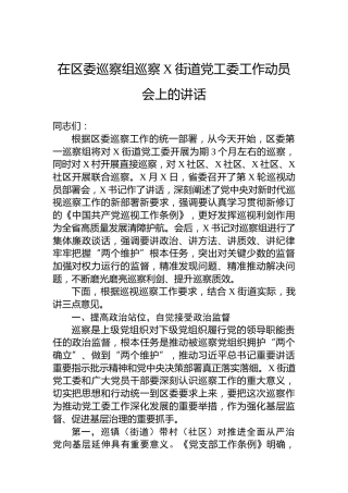 在区委巡察组巡察X街道党工委工作动员会上的讲话