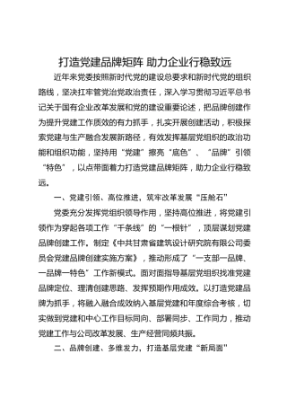 打造党建品牌矩阵 助力企业行稳致远