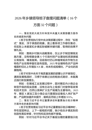 2026年乡镇领导班子查摆问题清单（16个方面32个问题）