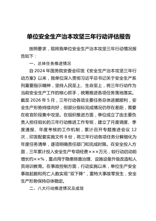 单位安全生产治本攻坚三年行动评估报告