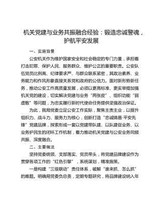 机关党建与业务共振融合经验：锻造忠诚警魂  护航平安发展
