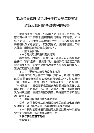 市场监督管理局党组关于市委第二巡察组巡察反馈问题整改情况的报告