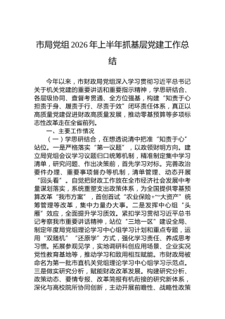 市局党组2026年上半年抓基层党建工作总结