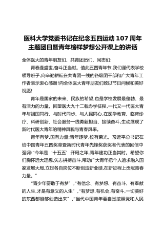 医科大学党委书记在纪念五四运动107周年主题团日暨青年榜样梦想公开课上的讲话