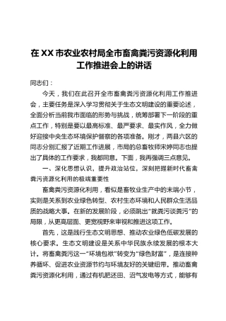 在XX市农业农村局全市畜禽粪污资源化利用工作推进会上的讲话