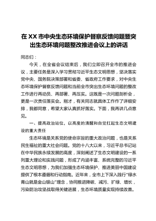 在XX市中央生态环境保护督察反馈问题暨突出生态环境问题整改推进会议上的讲话
