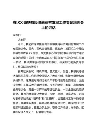 在XX镇扶持经济薄弱村发展工作专题培训会上的讲话