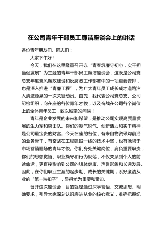 在公司青年干部员工廉洁座谈会上的讲话