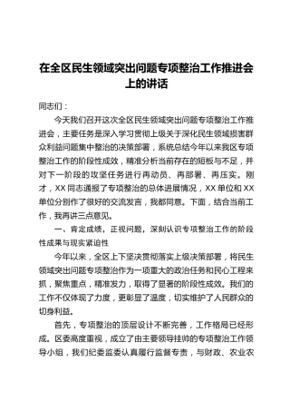 在全区民生领域突出问题专项整治工作推进会上的讲话