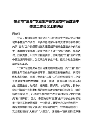 在全市“三夏”农业生产暨农业农村领域集中整治工作会议上的讲话