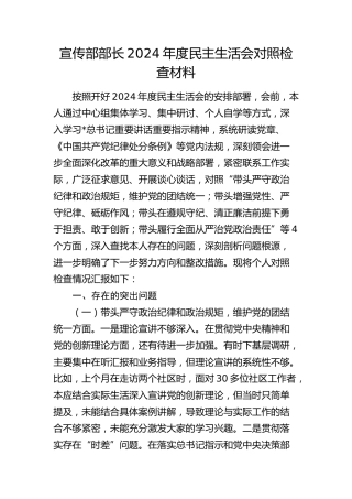 宣传部部长2024年度民主生活会对照检查4300字
