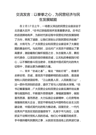 民营企业座谈会精神研讨发言：以拳拳之心，为民营经济与民生发展赋能