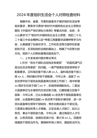 2024年度组织生活会个人对照检查3600字（含上年度整改）