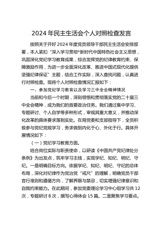 2024年度民主生活会个人对照检查4200字（含参加党纪、三中全会学习情况）