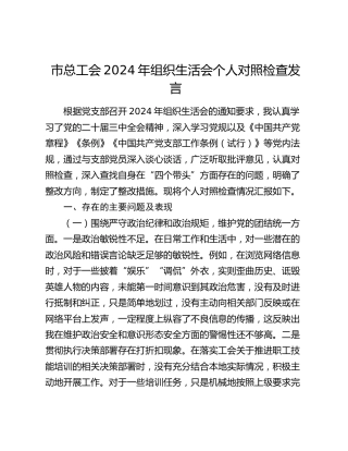 总工会2024年组织生活会个人对照检查5000字