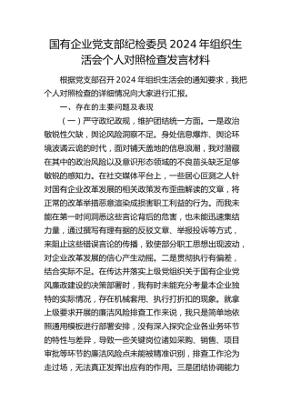 国企公司党支部纪检委员2024年组织生活会个人对照检查6400字