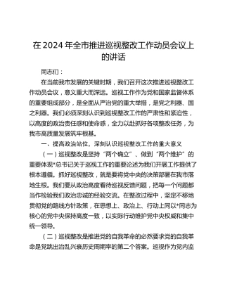 全市推进巡视整改工作动员会议上的讲话