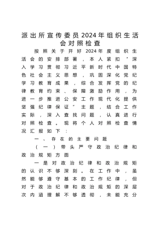 派出所支部宣传委员2024年组织生活会对照检查3300字（公安）