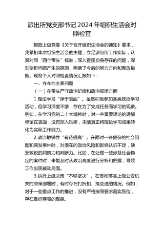 派出所党支部书记2024年组织生活会对照检查（公安）