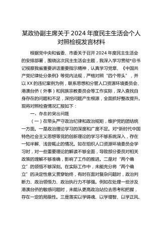 政协副主席2024年度民主生活会个人对照检查4900字