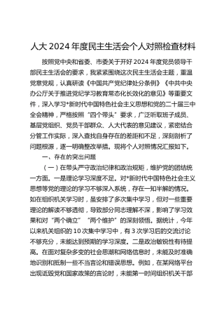 人大2024年度民主生活会个人对照检查6600字（四个带头+典型案例剖析）