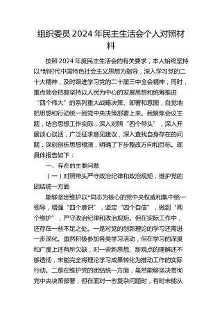组织委员2024年民主生活会个人对照检查3100字
