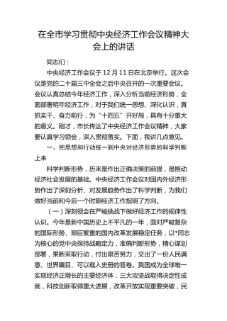 在全市学习贯彻中央经济工作会议精神大会上的讲话1