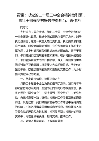 微党课：以三中全会精神为引领，青年干部在乡村振兴中勇担当、善作为