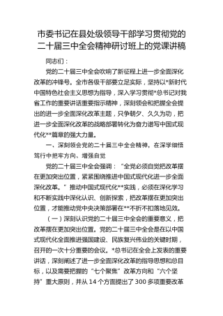 市委书记在三中全会精神研讨班上的党课讲稿5500字