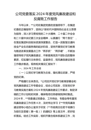公司2024年度党风廉政建设和反腐败工作报告（4500字总结）