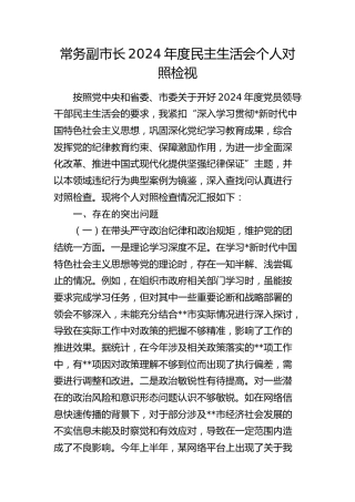 常务副市长2024年度民主生活会对照检查1万字（含违纪行为典型案例剖析）
